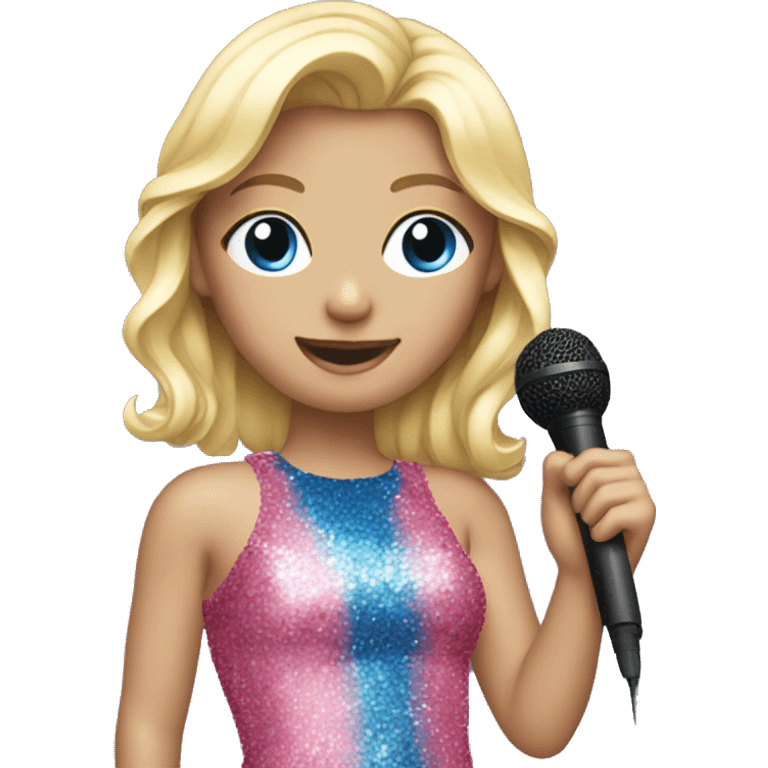 blonde girl with microphone and blue and pink sequin bodysuit emoji