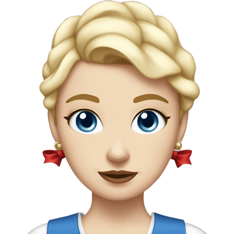 White girl, with blue eyes, short blonde hair, elegant with a red bow tie and mickye mouse ears. Super chick and elegant emoji