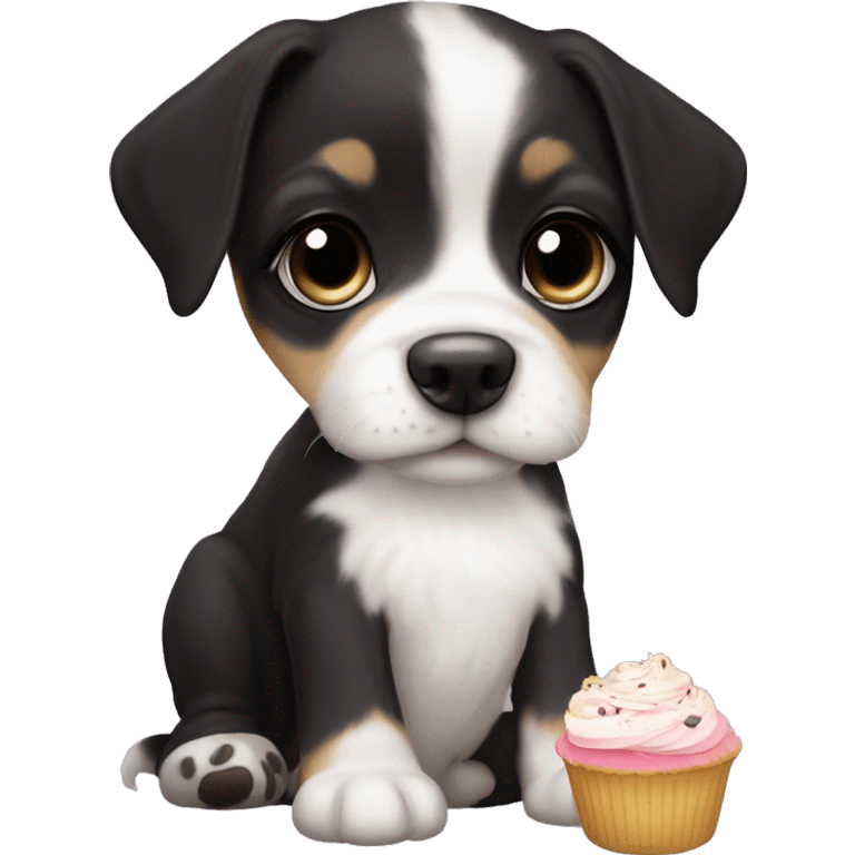 Cute big eyed Black and white girl teddy Roosevelt terrier puppy runt (no brown) eating a cupcake emoji