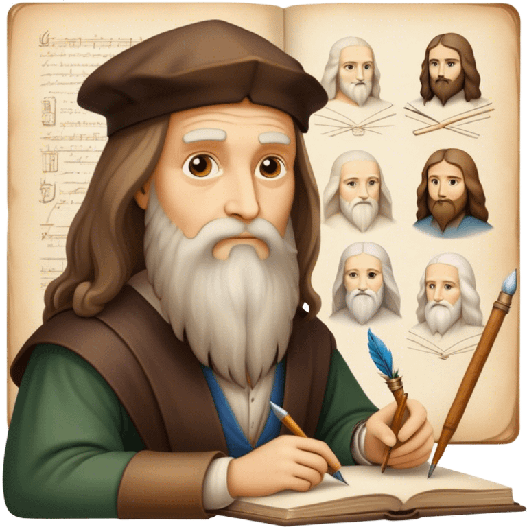 Cinematic Realistic Leonardo da Vinci Portrait Emoji, depicted as the quintessential Renaissance polymath with deep, thoughtful eyes, a flowing beard, and a quill or sketchbook in hand. The scene is illuminated with warm, classical lighting, evoking the atmosphere of a master artist’s workshop, surrounded by early sketches of inventions and masterpieces like the Mona Lisa. emoji