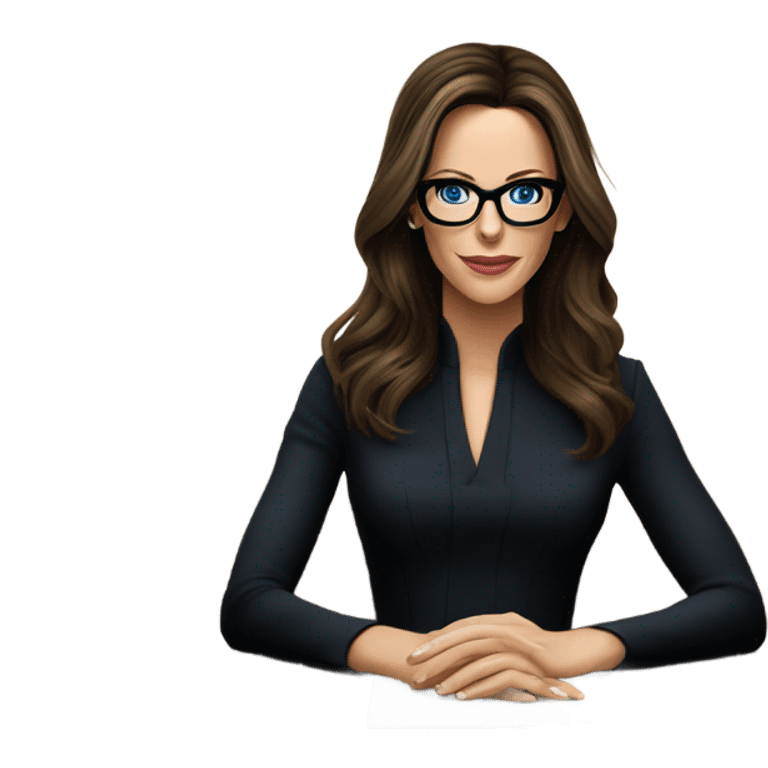 Hyper Realistic photo Kate Beckinsale blue eyes wearing glasses in a business meeting black dress emoji