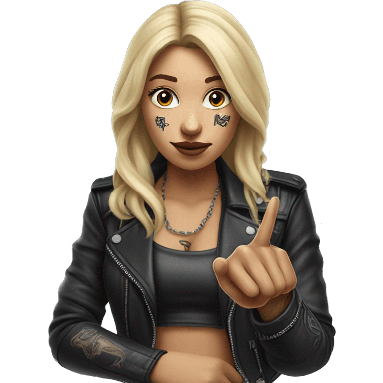 Blonde women with LONG HAIR, in Leather Jacket, Body Covered with Tattoos, POINTING YOU FORWARD with her HAND with INDEX FINGER, Hyper Realistic emoji