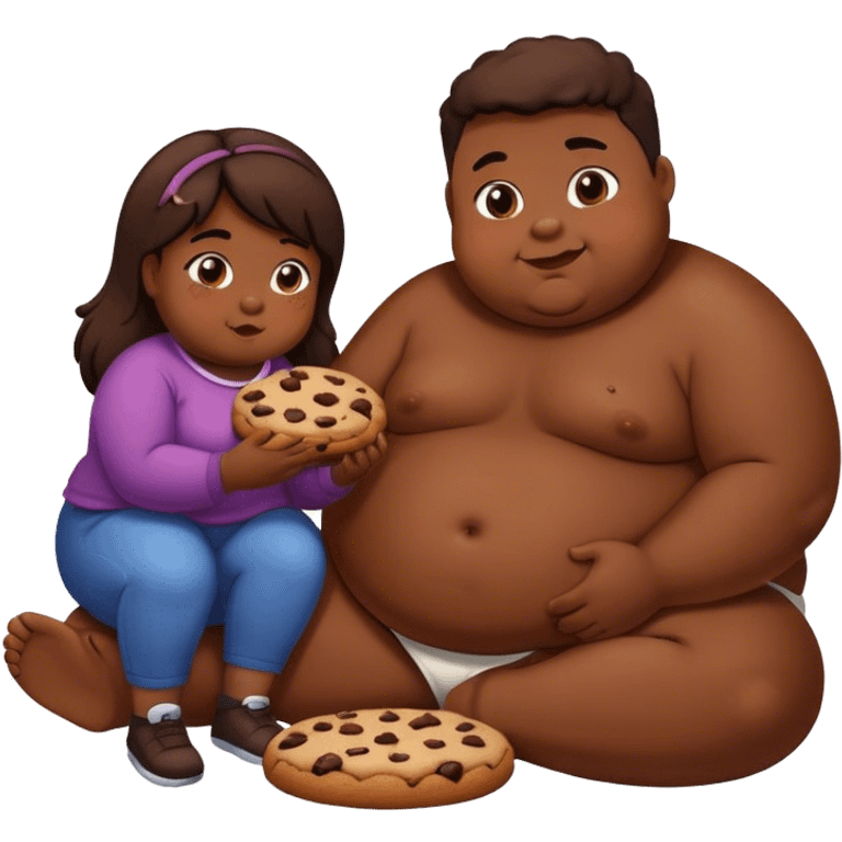 Create an emoji with a fat girl sitting on a boy eating a big chunky chocolate cookie emoji