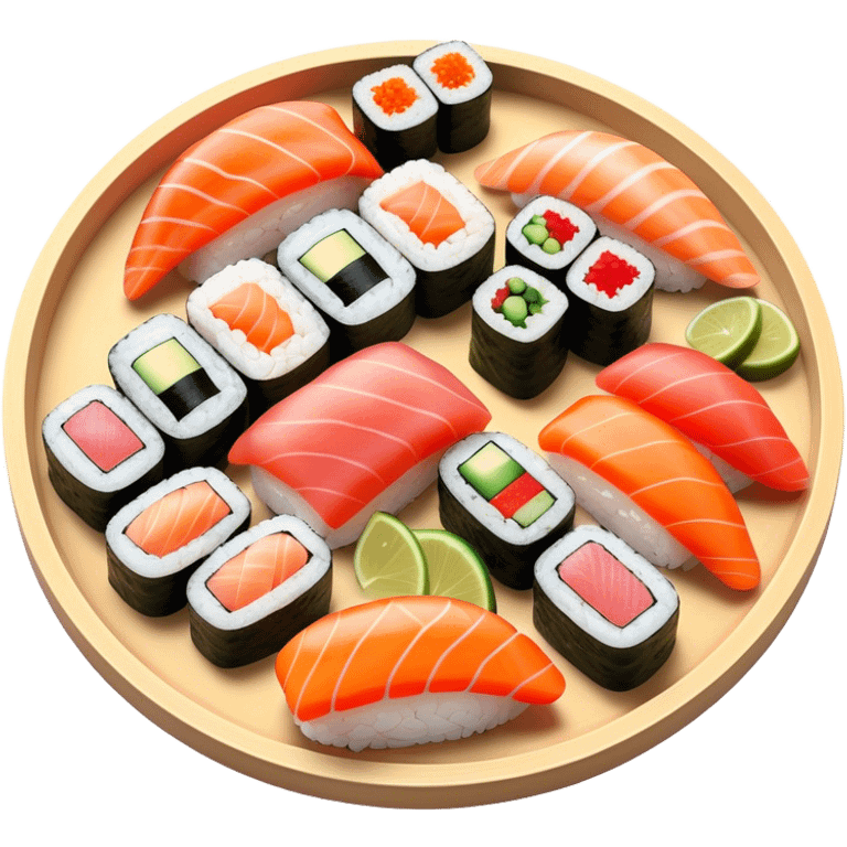 Cinematic Realistic Sushi Dish Emoji, depicted as an artful arrangement of fresh sushi with vibrant colors rendered with lifelike textures and delicate, natural lighting. emoji