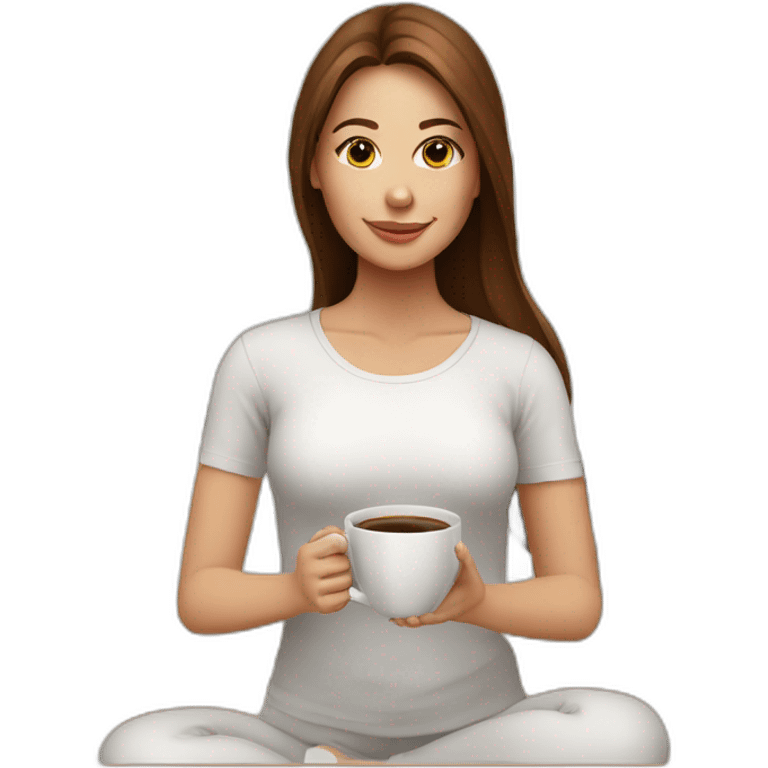 Yoga Woman white shirt long brown hair drinks coffee emoji