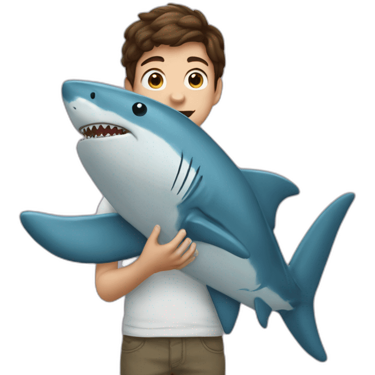 a 12-year-old boy with brown hair holds a large stuffed shark toy in his hands emoji