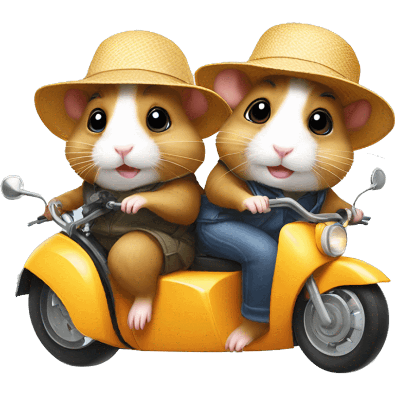 Two hamsters wearing sun hats driving by motorbike emoji