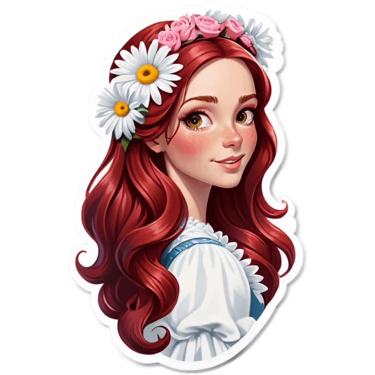 Realistic european woman with long red  hair with pink roses & white daisies in hair emoji