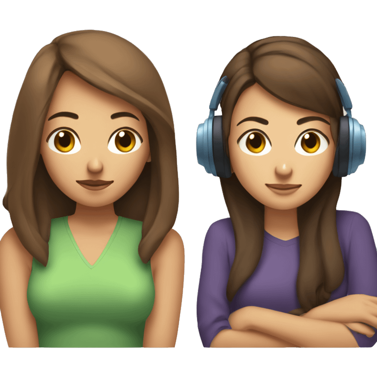 woman with brown, short hair wearing wired headphones sitting next to a woman with long brown hair resting her head on the other woman’s shoulder emoji