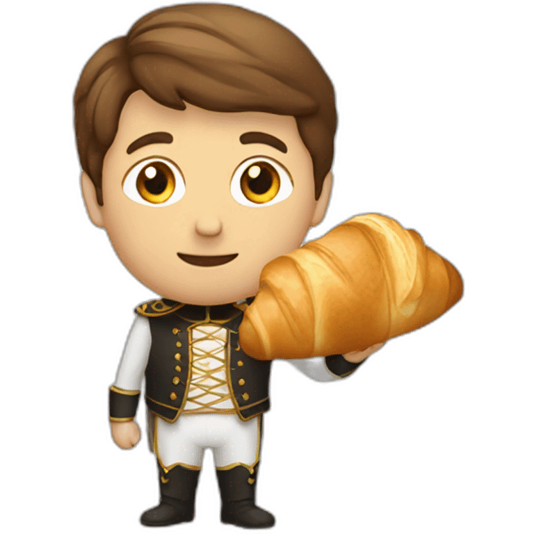 Man in costume with short brown hair eating croissant emoji