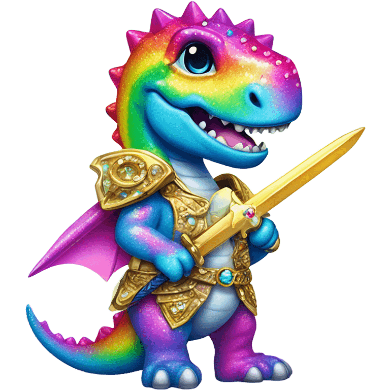 Lisa frank glitter rainbow cute dinosaur with sword and jewels emoji