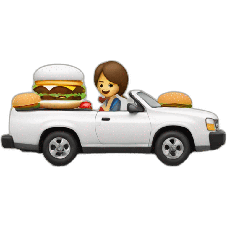 Hombre blanco y mujer blanca en un coche hecho de hamburguesa emoji