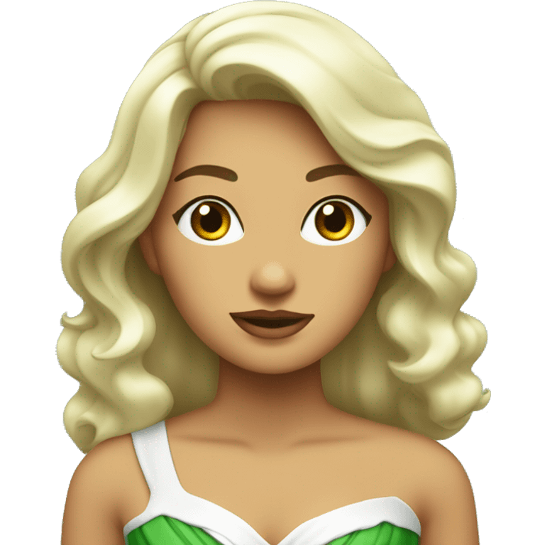 Chica blanca con pelo ondulado , ojos verdes y con vestido elegante  emoji