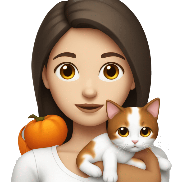 a white girl with dark brown medium hair holding a white and orange kitty  emoji