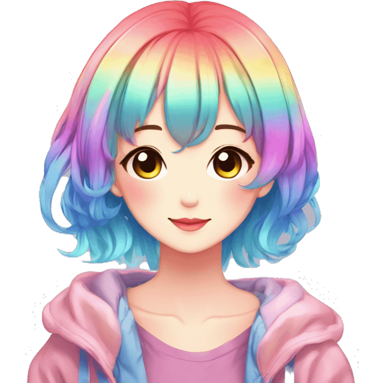 Gorgeous anime style shojo character with blushing face aesthetic and pretty colorful shiny gradient neon rainbow hair with hair garment trending style emoji