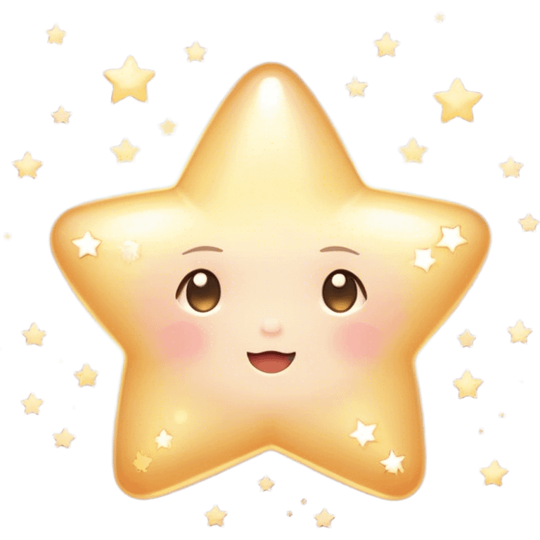 Cinematic cute sparkling star, chubby rounded edges, golden glow, tiny blushing cheeks, warm and gentle shine, twinkling softly in a pastel night sky. emoji