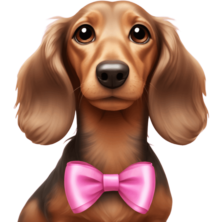 miniature long-haired dachshund with pink ribbons in her ears ￼ emoji