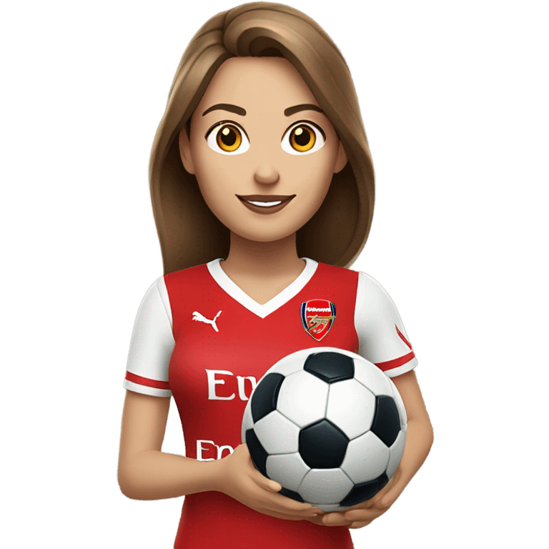 Pretty white woman with medium brown hair holding a soccer ball and wearing an Arsenal jersey emoji