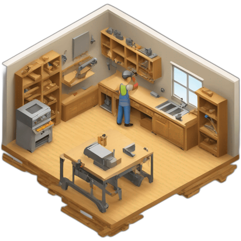 isometric fabricator working in creative workshop cnc machine woodshop metalshop industrial  emoji