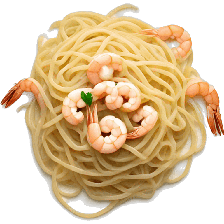 long thin linguine pasta noodles on a plate with white sauce and shrimp top down view high contrast background emoji