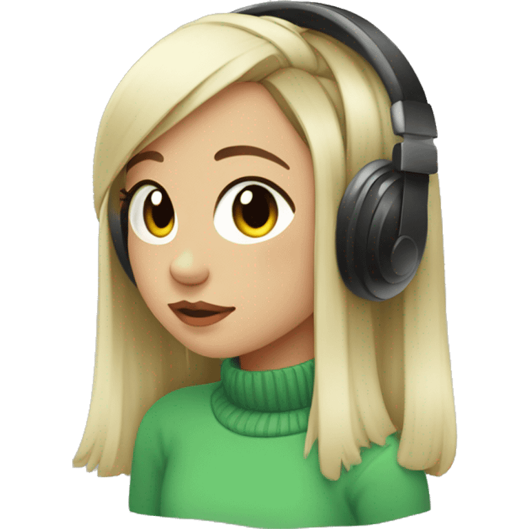 white lofi girl with green long sleeves sweater, black ponytail and red headphones  emoji