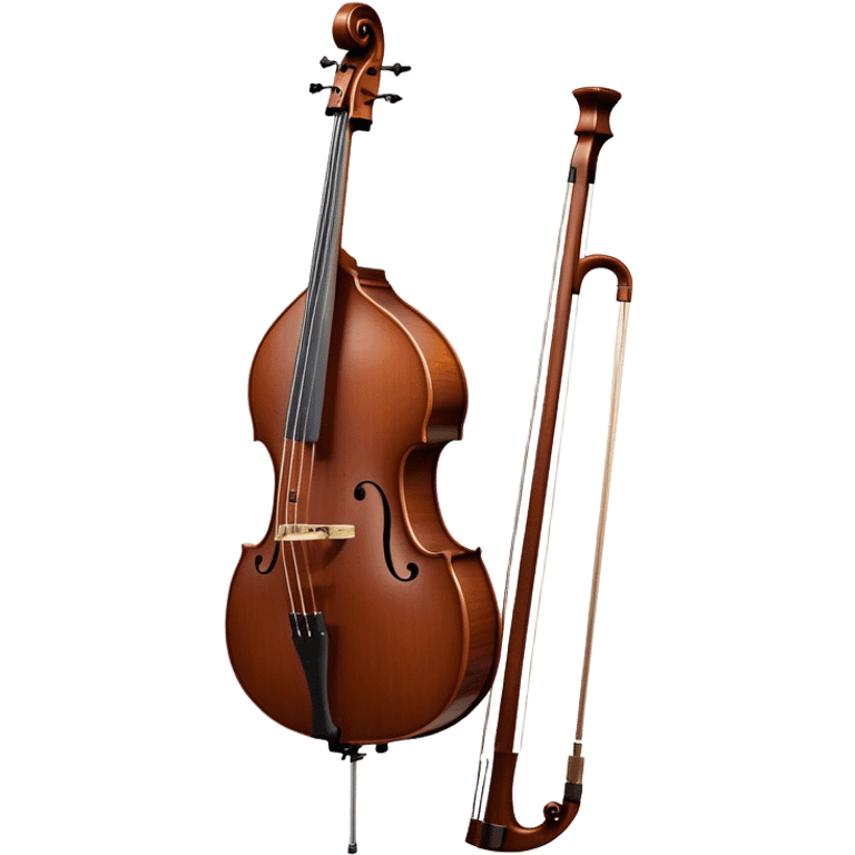 Create an elegant and detailed emoji representing a Gliga Gama double bass with bow. The design should showcase the large, sleek body of the double bass with its rich wood finish, including the characteristic curves and deep tone holes. The bow should be elegantly positioned next to the instrument, highlighting the hair and smooth wooden stick. Use warm wood tones like chestnut brown for the body of the bass, silver accents for the fittings, and dark brown for the bow. Add subtle musical notes or sound waves flowing from the bass to represent its deep, resonant sound. The background should be transparent. emoji