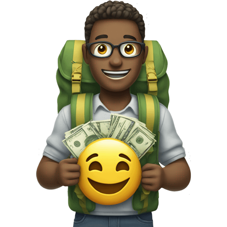 smiling emoji with a backpack and money in hands emoji