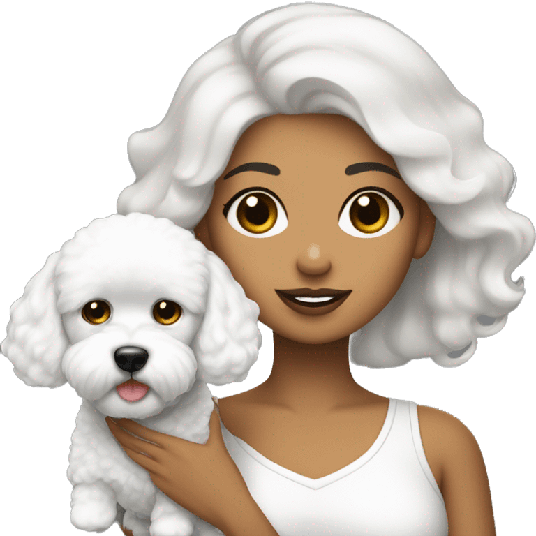 mujer piel blanca cabello negro con perro bichon blanco emoji