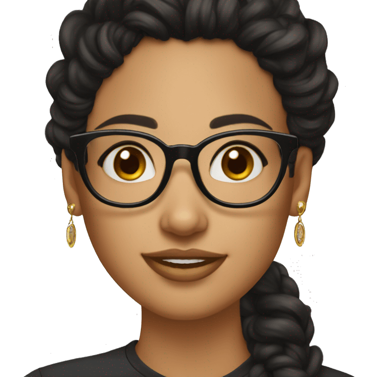 girl, big nose, long curly black hair, earrings, dark brown eyes, tan skin, freckles, glasses, glamour emoji