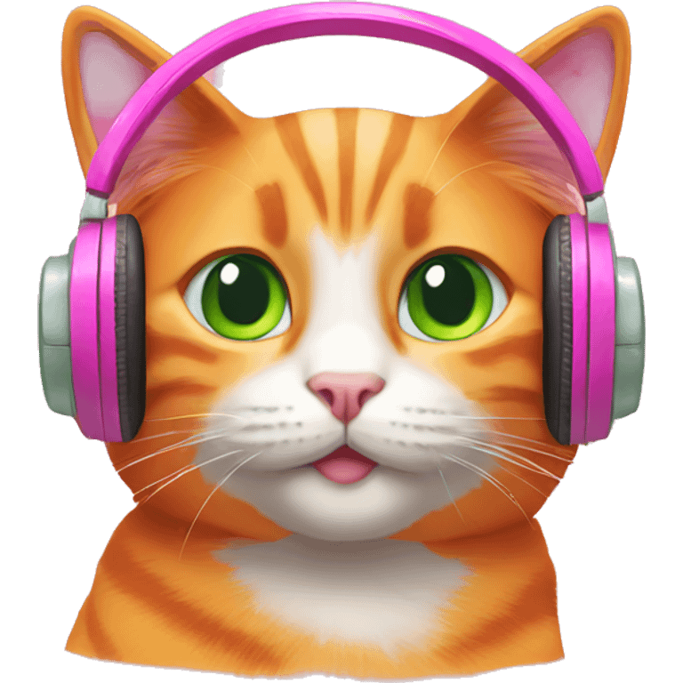 orange cat with green eyes with pink headphones emoji