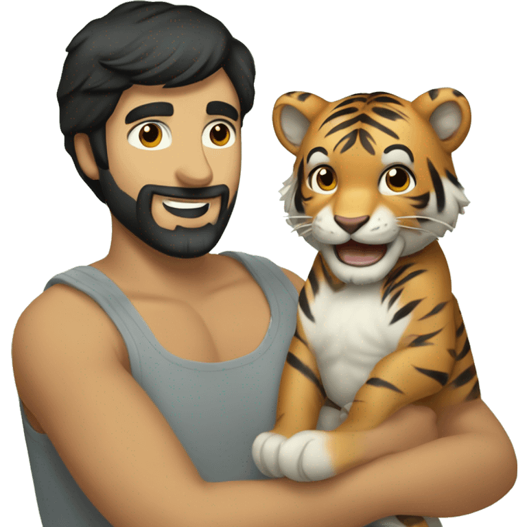 a caucasian guy with black hair and beard playing with a baby tiger emoji