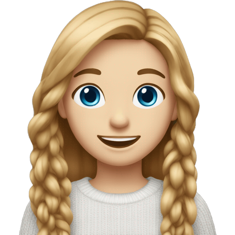  girl with long straight light-brown hair, blue eyes, wearing a white knitted top, ((cheerful, laugh)) emoji