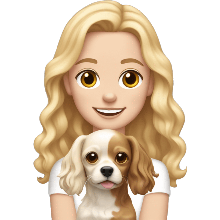 White girl with wavy blonde hair holding a Tan and white chihuahua cocker spaniel mix happy with shorter ears emoji