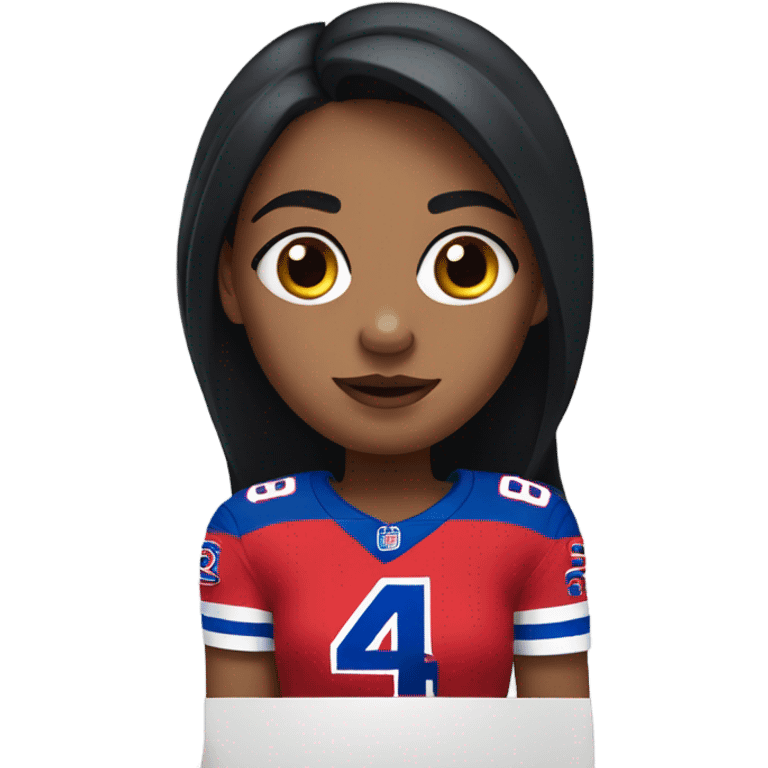 Girl with long black hair and freckles wearing buffalo bills jersey emoji