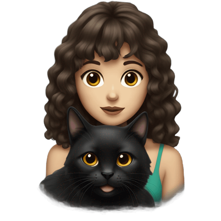 Brunette with bangs and wavy long hair holding a chunky black cat drawing emoji