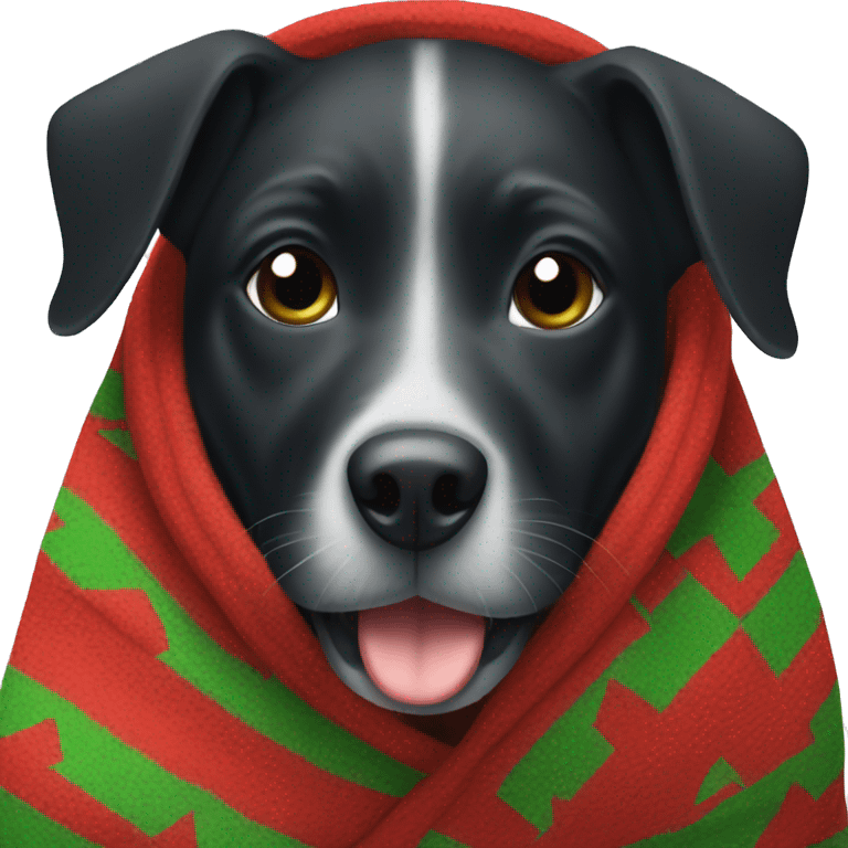 Black dog wrapped in Christmas blanket emoji