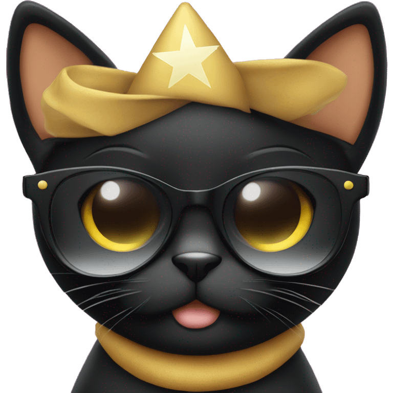 Cute Black cat wearing star shaped sunglasses that is holding a sign with both hands that reads “In the clerb we all fam”  emoji