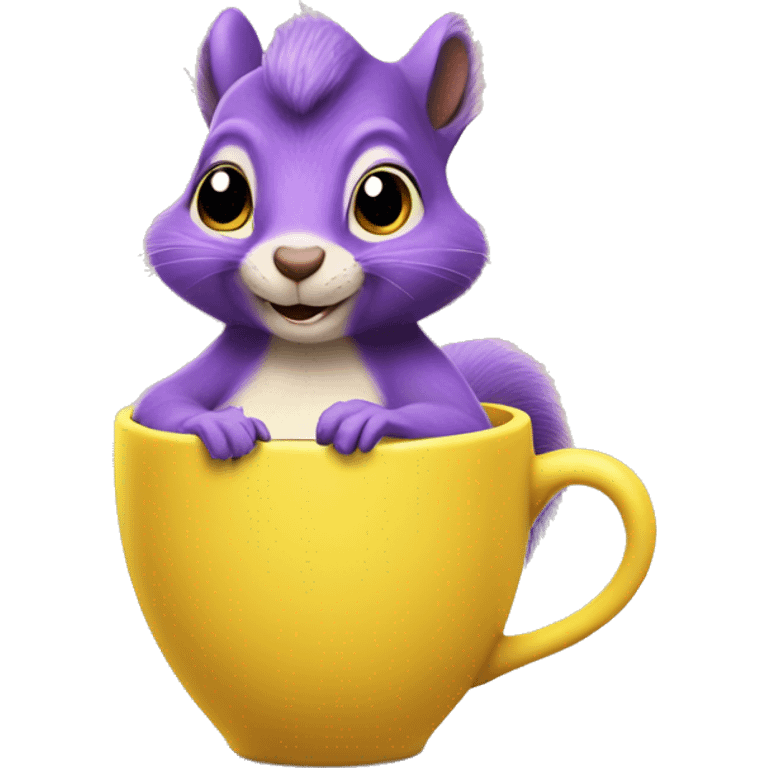 purple animated squirrel in a yellow dress with a large mug of coffee in its paws emoji