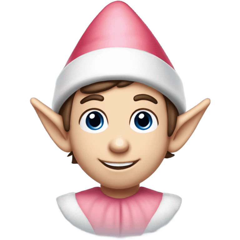 Cute elf on the shelf boy with pale skin, dark brown hair, a mischievous smile, rosy pink cheeks and big blue eyes. He has a white and red elf hat emoji