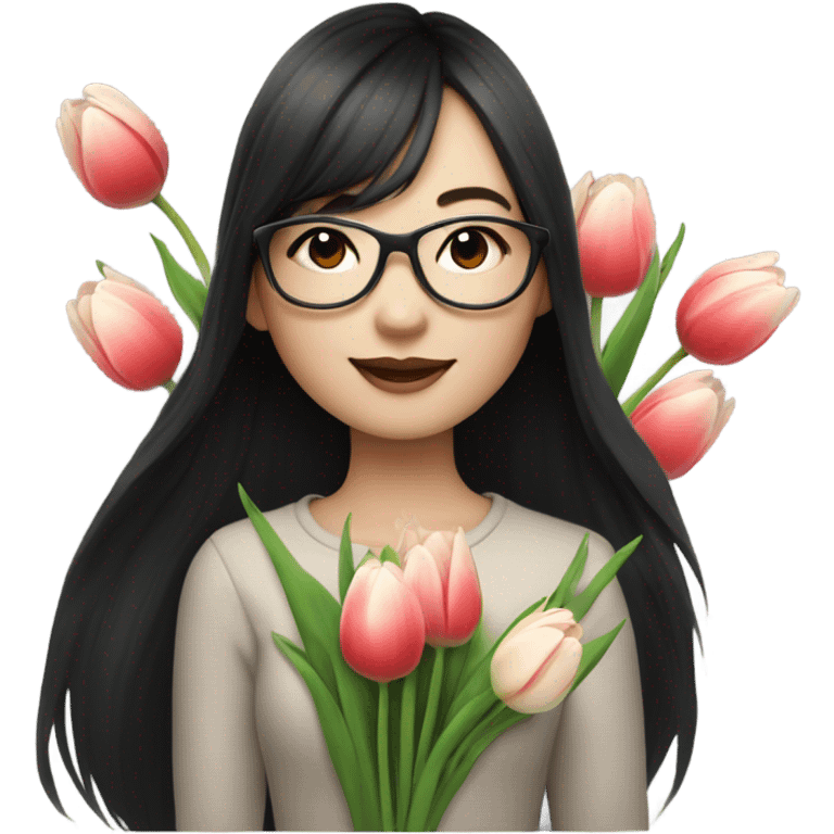 asian pale skin girl with long black shaking hair and bangs and glasses holding tulips emoji