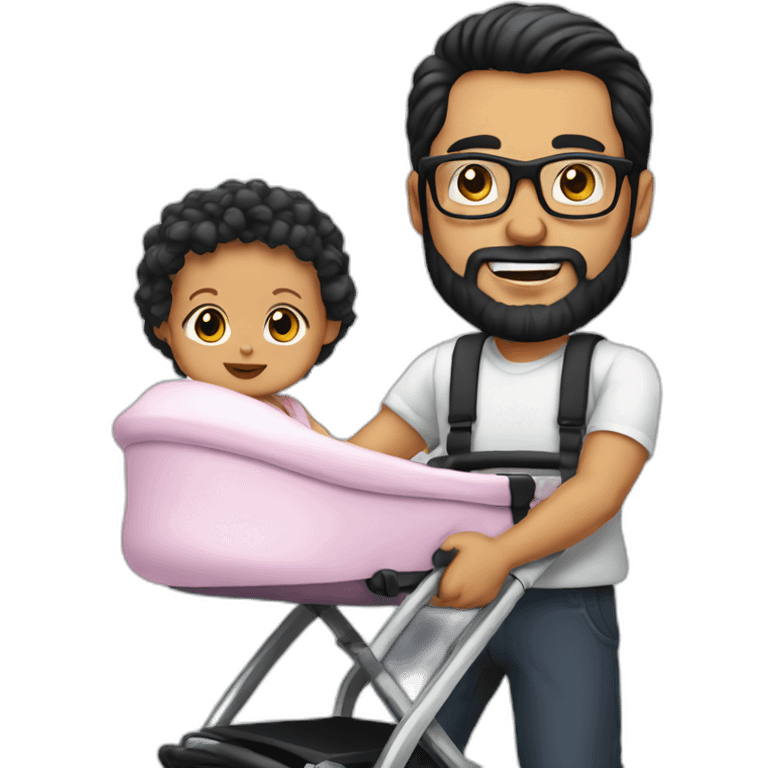 White man with Black hair,  beard and glasses pushing buggy with blonde baby emoji