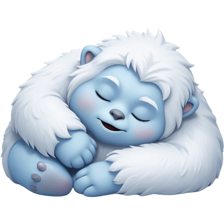 Meme-Worthy Cute Sleeping Yeti Portrait Emoji, with a charming, fluffy, snow-dusted figure in gentle whites and cool blues, head resting in blissful, serene slumber with closed, peaceful eyes and a small, contented smile, simplified yet irresistibly adorable, highly detailed with a soft frosty outline that captures the tender drowsiness of a yeti drifting into snowy dreams! emoji