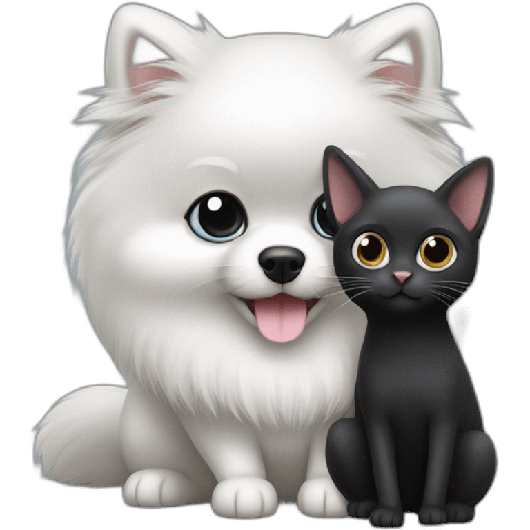 white pomeranian, black cat and gray mouse hug emoji