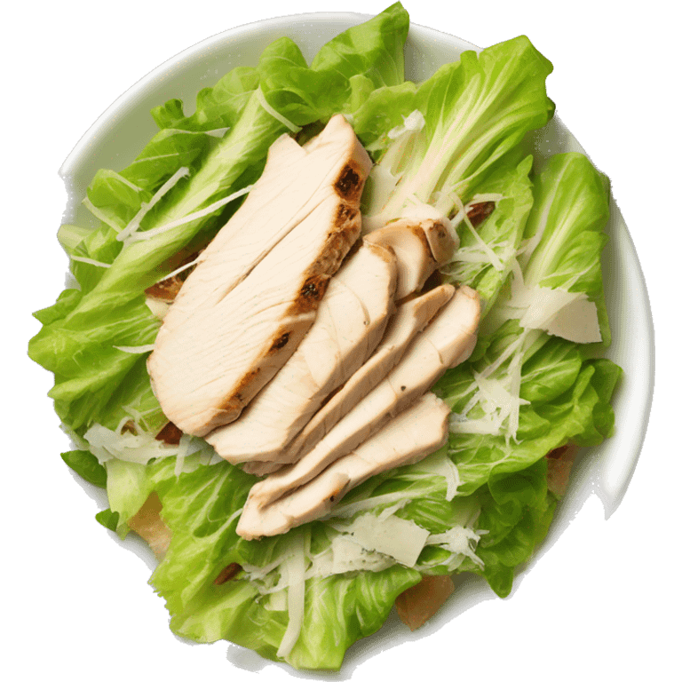 delicious salad with grilled shredded chicken romaine lettuce caesar salad dressing shaved parmesan cheese  emoji