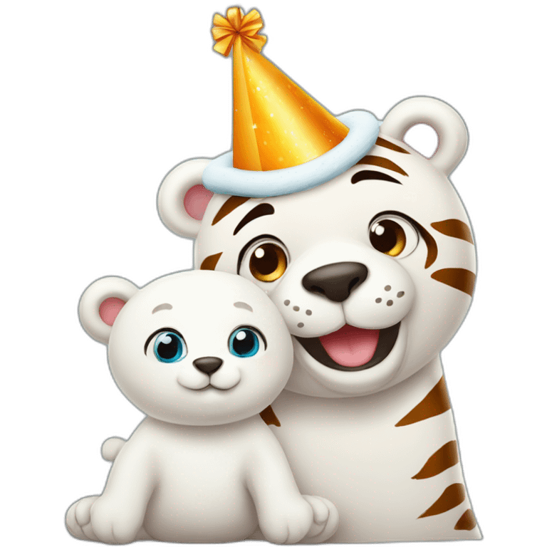 Cute tiger and polar bear with birthday hat emoji