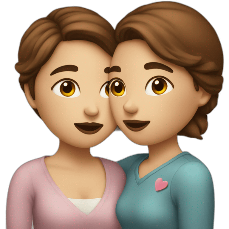 Two women with brown hair kissing with heart emoji