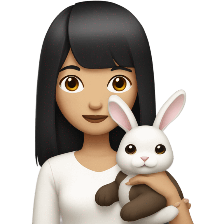 An Asian pretty woman with black straight hair and light bangs holding a white and brown rabbit emoji