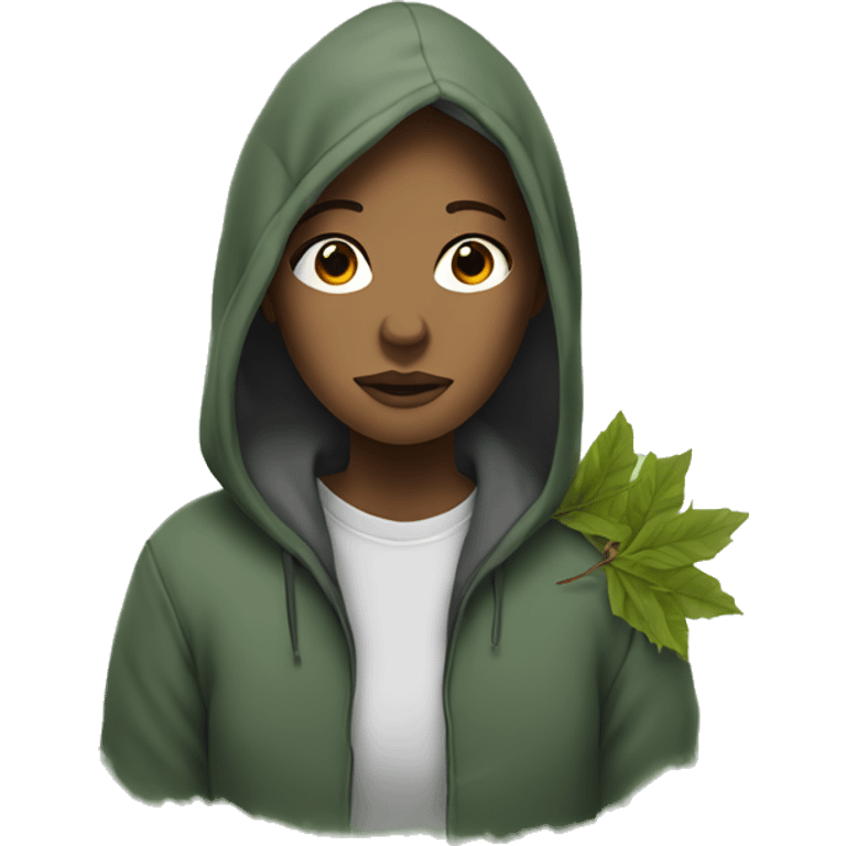 homeless woman in a hoodie with leaves and branches in her hair
 emoji