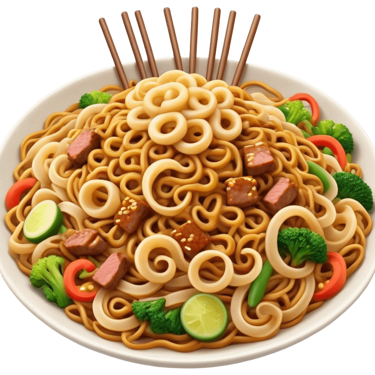 Cinematic Realistic Mie Goreng Dish Emoji, featuring stir‚Äêfried noodles with vegetables and meat rendered with dynamic textures and warm, appetizing lighting. emoji