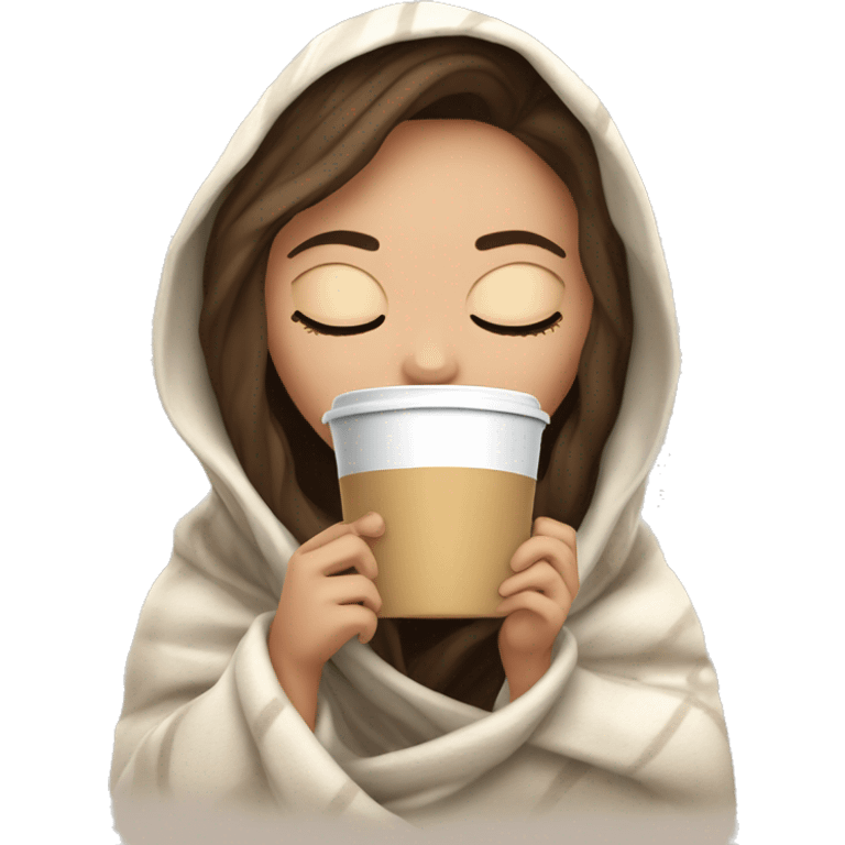 white girl inside a blanket sipping coffee eyes closed emoji